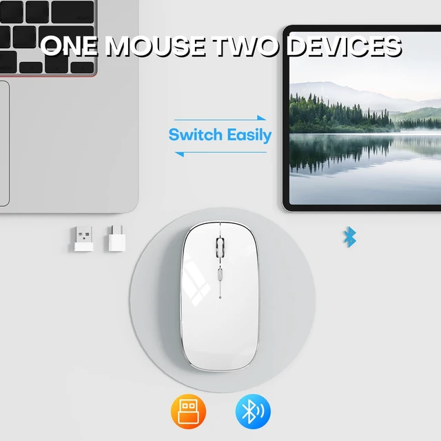 Alt view image 2 of 7 - Wireless Mouse, BT5.4/2.4GHz Dual-Mode, Silent Clicks, (White) | Rechargeable with USB-C & USB-A Dual Receiver, Slim Portable, Compatible with PC, Laptop & Mac for Work & Travel