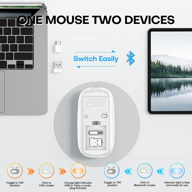 Alt view image 4 of 7 - Wireless Mouse, BT5.4/2.4GHz Dual-Mode, Silent Clicks, (White) | Rechargeable with USB-C & USB-A Dual Receiver, Slim Portable, Compatible with PC, Laptop & Mac for Work & Travel