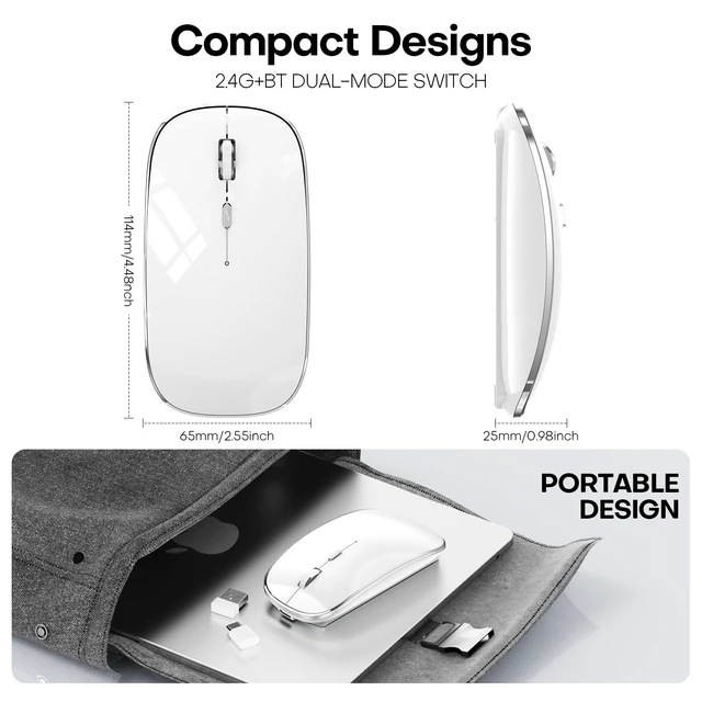 Alt view image 7 of 7 - Wireless Mouse, BT5.4/2.4GHz Dual-Mode, Silent Clicks, (White) | Rechargeable with USB-C & USB-A Dual Receiver, Slim Portable, Compatible with PC, Laptop & Mac for Work & Travel