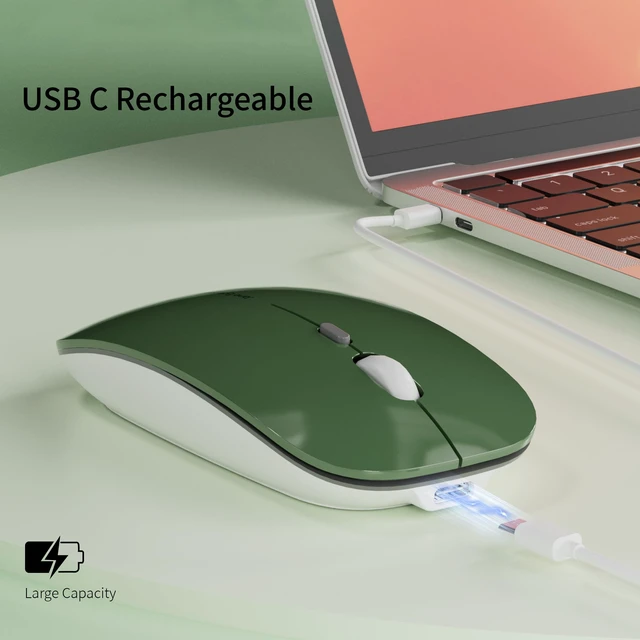 Alt view image 2 of 7 - Q5 Slim Rechargeable Wireless Mouse for Laptop,Silent Blackish Green | 2.4GHz Optical, USB C Charging, Battery Indicator, Ultra Thin, Portable, 1600 DPI, Ambidextrous, USB Receiver,Type C Adapter