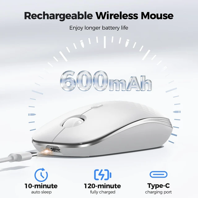 Alt view image 3 of 7 - Rechargeable Slim Portable Silent Computer 2.4 GHz Wireless Mouse | Lightweight Ambidextrous with Nano Receiver, 4000 DPI Optical Tracking 90-Day Battery Life, Compatible with PC, Mac, Laptop