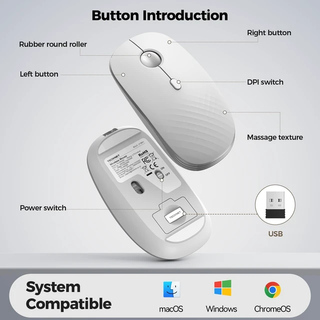 Alt view image 7 of 7 - Rechargeable Slim Portable Silent Computer 2.4 GHz Wireless Mouse | Lightweight Ambidextrous with Nano Receiver, 4000 DPI Optical Tracking 90-Day Battery Life, Compatible with PC, Mac, Laptop