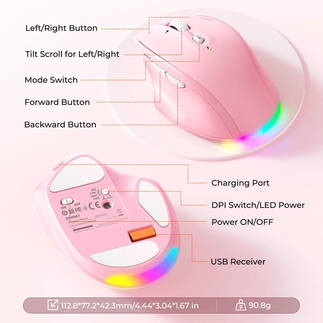 Alt view image 6 of 7 - Wireless Mouse, Ergonomic Bluetooth Mouse for Laptop, Pink | Rechargeable triple-mode mouse with a 4-way tilt wheel, 8002400 DPI, and multi-device support for Windows, Mac & PC