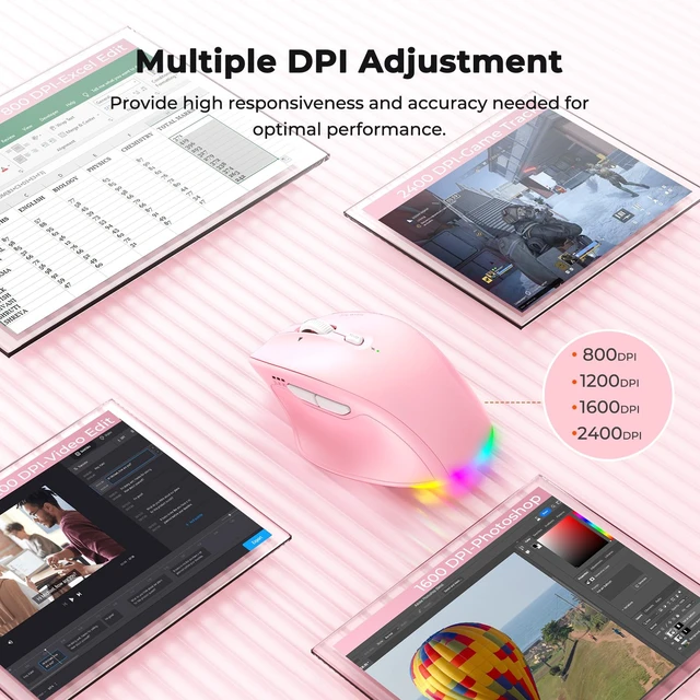 Alt view image 5 of 7 - Wireless Mouse, Ergonomic Bluetooth Mouse for Laptop, Pink | Rechargeable triple-mode mouse with a 4-way tilt wheel, 8002400 DPI, and multi-device support for Windows, Mac & PC