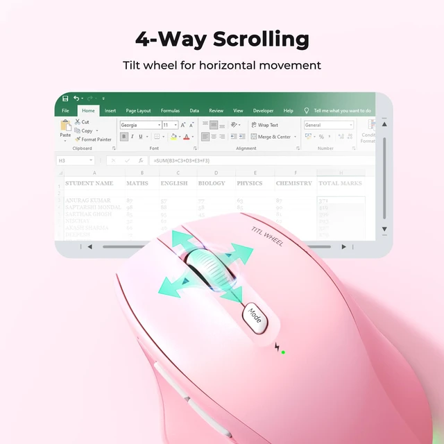 Alt view image 4 of 7 - Wireless Mouse, Ergonomic Bluetooth Mouse for Laptop, Pink | Rechargeable triple-mode mouse with a 4-way tilt wheel, 8002400 DPI, and multi-device support for Windows, Mac & PC