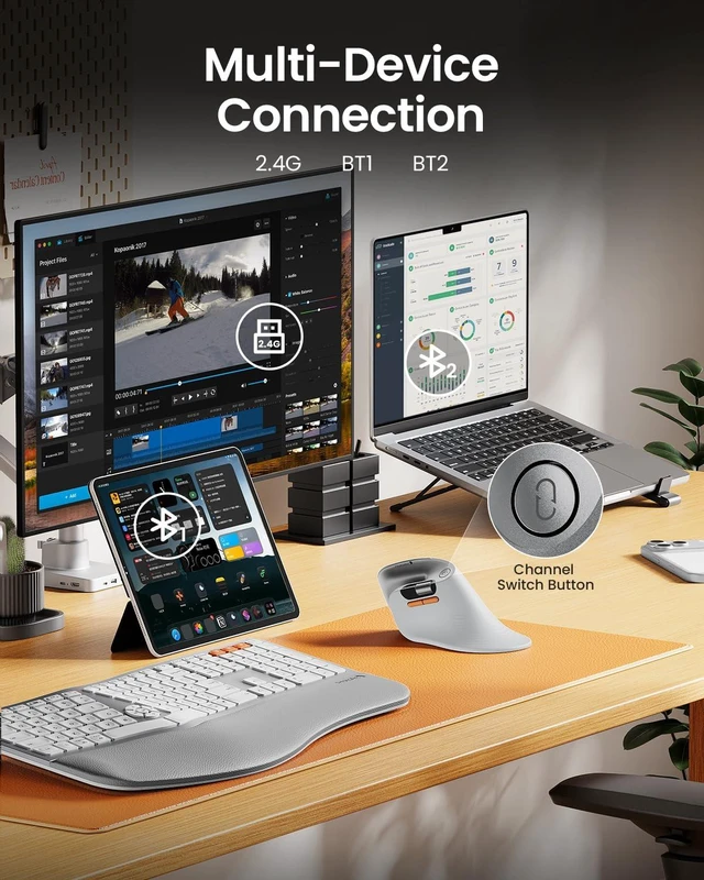 Alt view image 7 of 7 - EM11 Pro Ergonomic Mouse for Large Hands, Side Scroll, White | Designed for 7.58.5" hands. Browser-based customization, Side scroll wheel for Excel/video editing, Multi-Device.