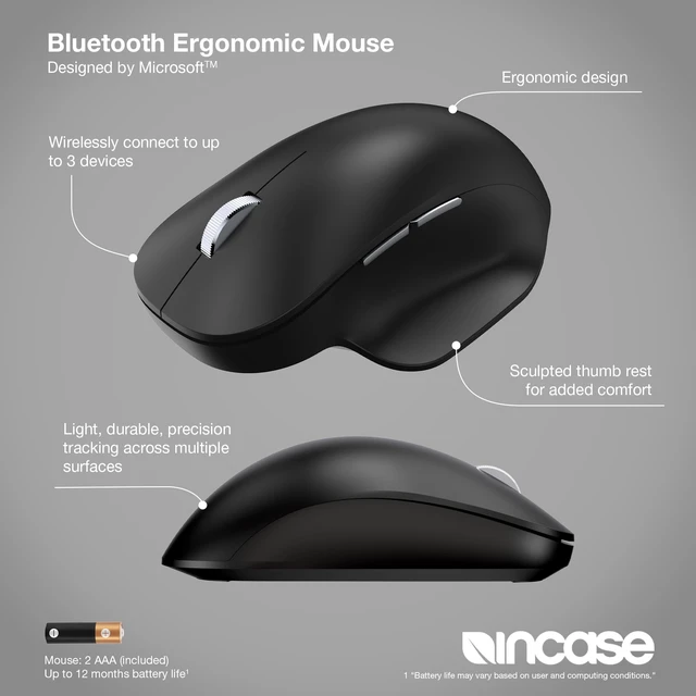Alt view image 2 of 7 - Bluetooth Ergonomic Mouse Designed by Microsoft, Black | Mac & Universal Compatible, Precision Tracking, Thumb Rest, Connects 3 Devices, 15-Month Battery, Programmable Buttons
