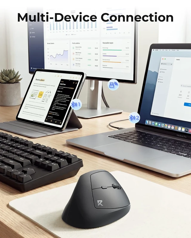 Alt view image 2 of 7 - Ergonomic Mouse, Bluetooth Rechargeable Wireless Vertical Mouse, 3 Multi-Device Connectivity for Computer/PC/Laptop, 500mAh Battery, 2.4GHz USB-A Optical Mice for Windows, Mac OS, Black
