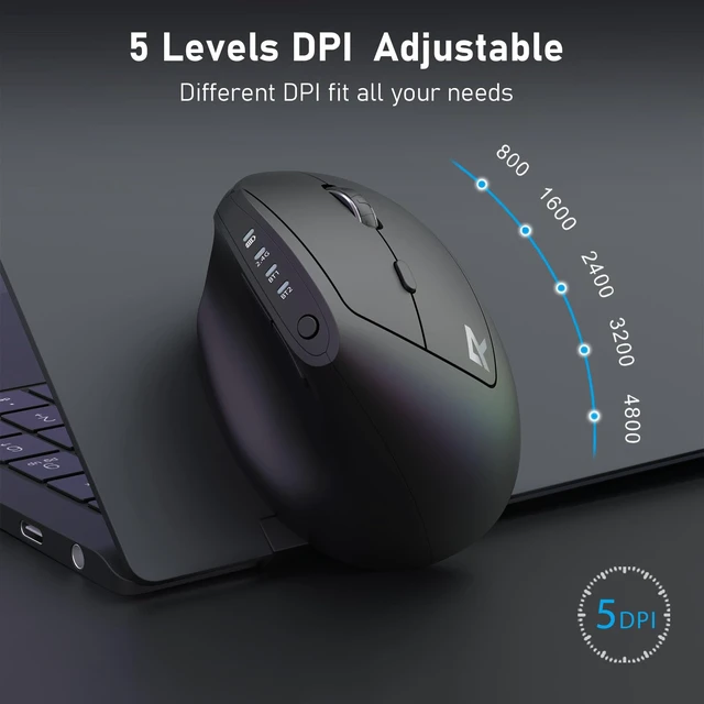 Alt view image 4 of 7 - Ergonomic Mouse, Bluetooth Rechargeable Wireless Vertical Mouse, 3 Multi-Device Connectivity for Computer/PC/Laptop, 500mAh Battery, 2.4GHz USB-A Optical Mice for Windows, Mac OS, Black