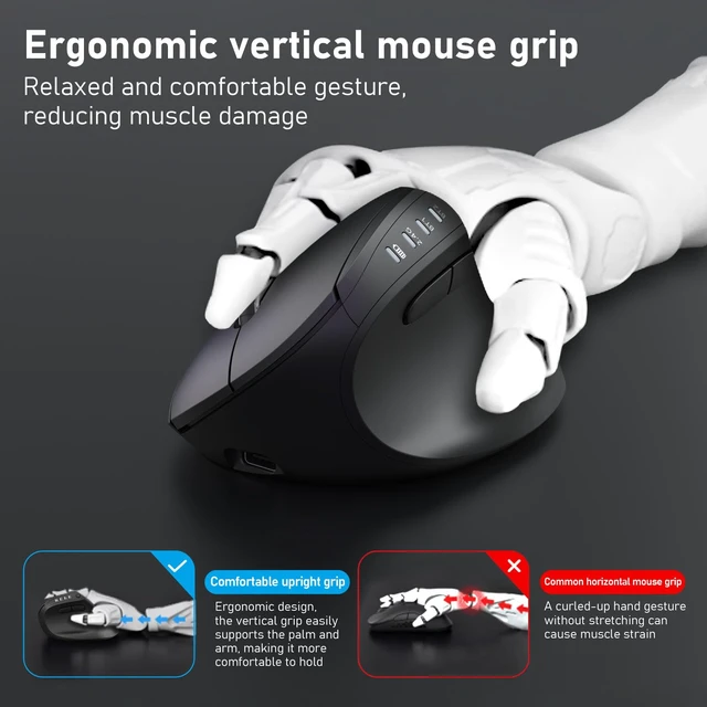 Alt view image 5 of 7 - Ergonomic Mouse, Bluetooth Rechargeable Wireless Vertical Mouse, 3 Multi-Device Connectivity for Computer/PC/Laptop, 500mAh Battery, 2.4GHz USB-A Optical Mice for Windows, Mac OS, Black