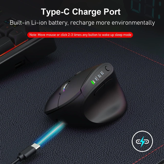 Alt view image 6 of 7 - Ergonomic Mouse, Bluetooth Rechargeable Wireless Vertical Mouse, 3 Multi-Device Connectivity for Computer/PC/Laptop, 500mAh Battery, 2.4GHz USB-A Optical Mice for Windows, Mac OS, Black