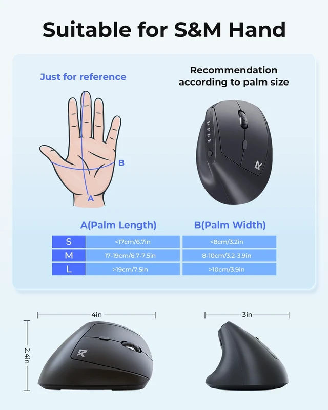 Alt view image 7 of 7 - Ergonomic Mouse, Bluetooth Rechargeable Wireless Vertical Mouse, 3 Multi-Device Connectivity for Computer/PC/Laptop, 500mAh Battery, 2.4GHz USB-A Optical Mice for Windows, Mac OS, Black