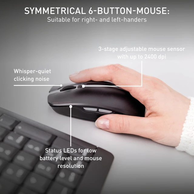 Alt view image 4 of 6 - Stream Desktop Recharge, Wireless Keyboard & Mouse Combo, 2.4 GHz Connection, Quiet Keys, Slim Design, Comfortable Writing, Rechargeable, Black