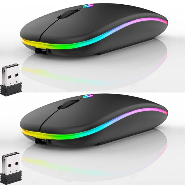 Main image of 2 Pack LED Wireless Mouse, Slim Silent Dual-Mode 2.4G+BT Rechargable Portable Mobile Optical Office 7-Color Mouse with USB Receiver, 3 Adjustable DPI Levels for Notebook, Computer, MacBook (Black)
