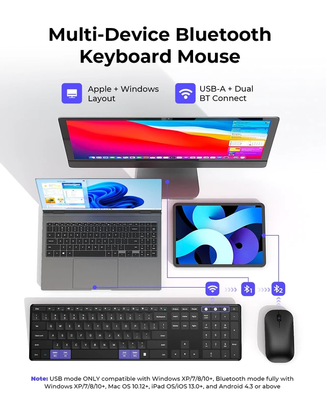 Alt view image 2 of 7 - SKM64-3 Wireless Bluetooth Keyboard Mouse Combo for Windows and Mac | USB and dual Bluetooth multi-device switching, quiet, rechargeable, full-size slim set for PC, MacBook, iPad, Black