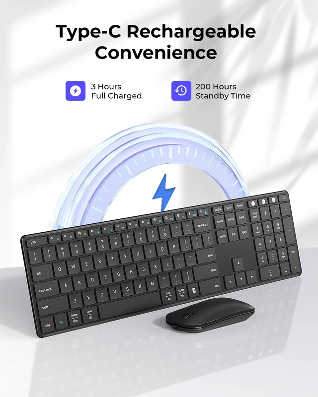 Alt view image 3 of 7 - SKM64-3 Wireless Bluetooth Keyboard Mouse Combo for Windows and Mac | USB and dual Bluetooth multi-device switching, quiet, rechargeable, full-size slim set for PC, MacBook, iPad, Black