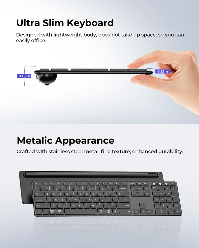 Alt view image 4 of 7 - SKM64-3 Wireless Bluetooth Keyboard Mouse Combo for Windows and Mac | USB and dual Bluetooth multi-device switching, quiet, rechargeable, full-size slim set for PC, MacBook, iPad, Black