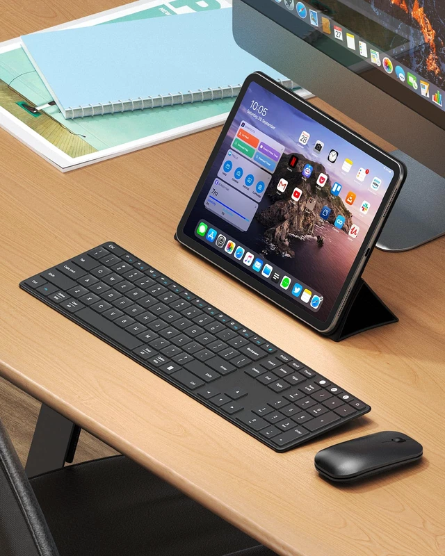 Alt view image 7 of 7 - SKM64-3 Wireless Bluetooth Keyboard Mouse Combo for Windows and Mac | USB and dual Bluetooth multi-device switching, quiet, rechargeable, full-size slim set for PC, MacBook, iPad, Black