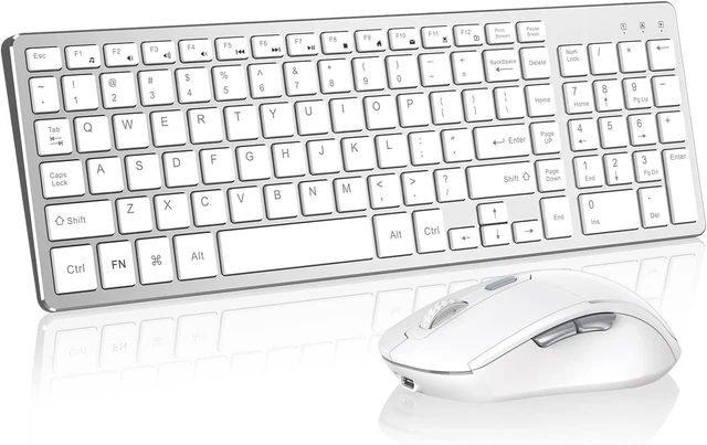 Main image of Quiet Ergonomic 2.4G Rechargeable Keyboard Mouse Set | Slim silver white combo with number pad, USB 2.4G receiver, rechargeable, fits Windows laptop & desktop computer