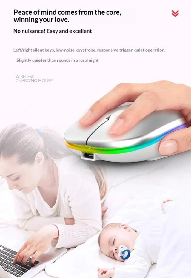 Alt view image 5 of 6 - Slim Wireless Mouse, Bluetooth, Rechargeable, Silent Click, LED, Black