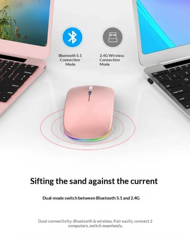 Alt view image 6 of 6 - Slim Wireless Mouse, Bluetooth, Rechargeable, Silent Click, LED, Black