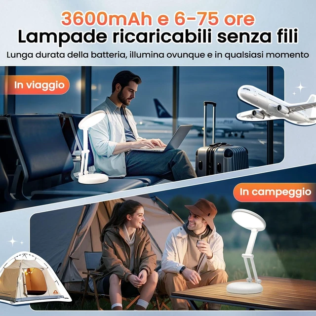 Alt view image 4 of 7 - Battery Battery Operated Cordless Rechargeable Lamp - 3600mAh 10 Brightness Wireless LED Desk Table Lamp, Small Mini Portable Battery Powered Light for Home Office, Reading, Nail Light