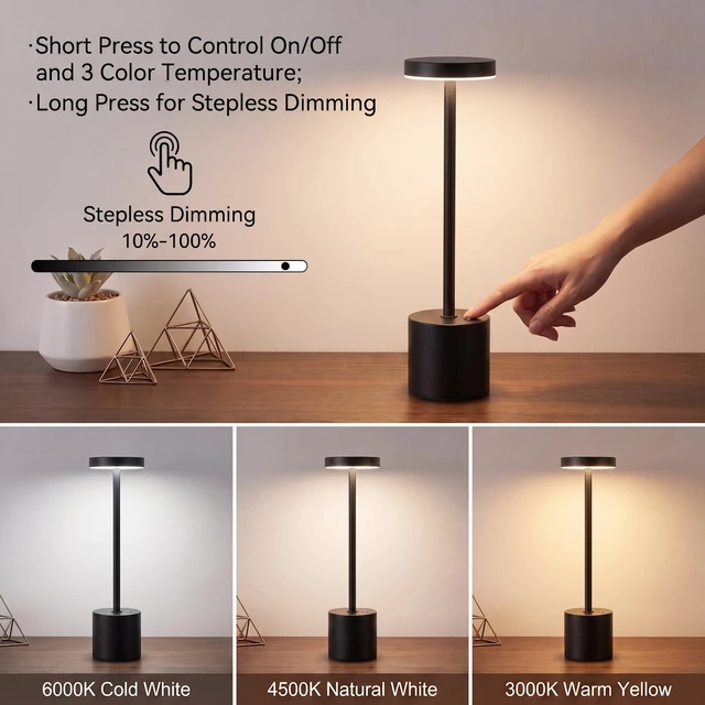 Alt view image 3 of 7 - Cordless Table Lamp Set of 2, Black Rechargeable Table Light | 5000mAH Battery Portable LED Desk Lamp, 3 Color Dimmable Table Light for Restaurant, Patio, Bedroom, Bedside Night Lamp