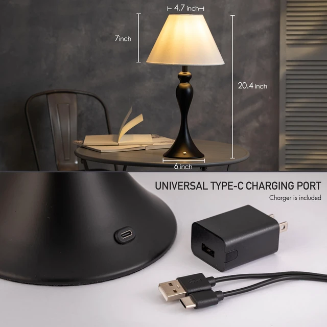 Alt view image 4 of 7 - Ember Cordless Table Lamp Rechargeable, Touch Dimmable, Battery Operated, E26 LED Bulb, Type-C Fast Charging, Portable Lamp for Bedroom, Living Room, Office, Black