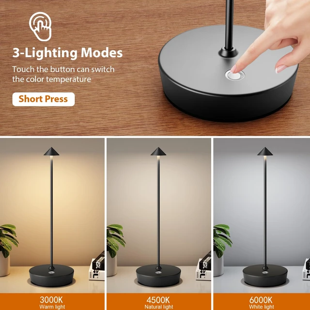 Alt view image 3 of 6 - Rechargeable Cordless Table Lamp, Portable Powered LED Battery 6000mAh Metal USB Desk Lamp, 3 Levels Brightness Light for Restaurants Outdoor (Black)