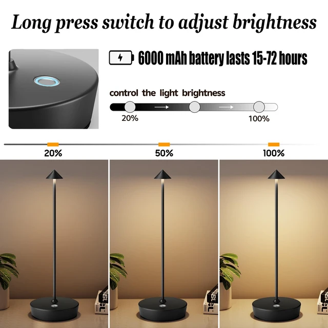 Alt view image 4 of 6 - Rechargeable Cordless Table Lamp, Portable Powered LED Battery 6000mAh Metal USB Desk Lamp, 3 Levels Brightness Light for Restaurants Outdoor (Black)