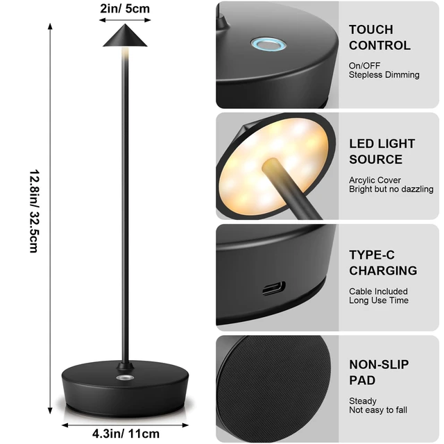Alt view image 6 of 6 - Rechargeable Cordless Table Lamp, Portable Powered LED Battery 6000mAh Metal USB Desk Lamp, 3 Levels Brightness Light for Restaurants Outdoor (Black)