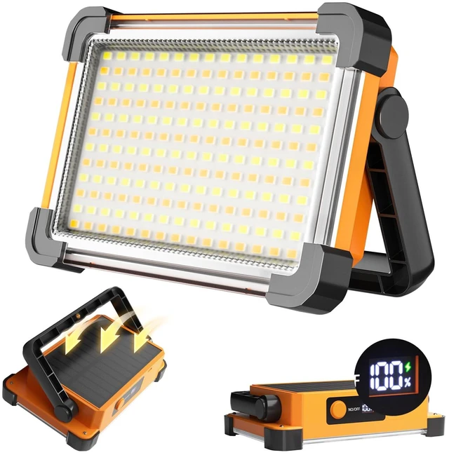 Main image of 150W Solar Rechargeable Work Light, 180 LED 10000LM Portable Flood Light, IP65 Waterproof 3 Modes, with Stand, for Job Site Home Repair Camping Fishing Garage Workshop Emergency