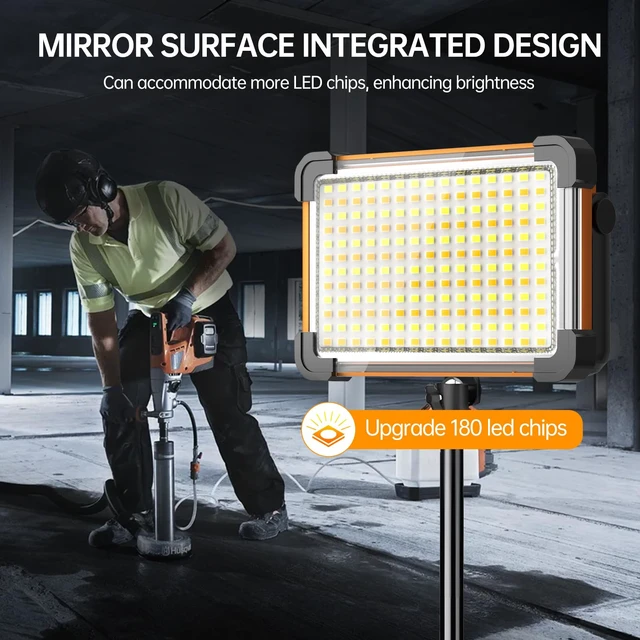 Alt view image 2 of 7 - 150W Solar Rechargeable Work Light, 180 LED 10000LM Portable Flood Light, IP65 Waterproof 3 Modes, with Stand, for Job Site Home Repair Camping Fishing Garage Workshop Emergency