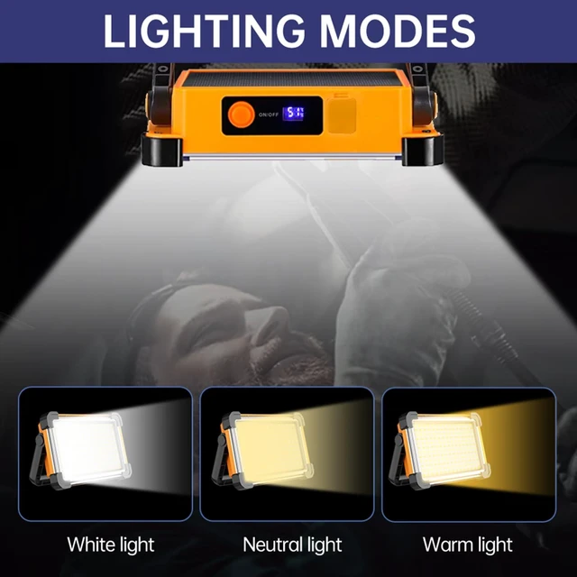 Alt view image 5 of 7 - 150W Solar Rechargeable Work Light, 180 LED 10000LM Portable Flood Light, IP65 Waterproof 3 Modes, with Stand, for Job Site Home Repair Camping Fishing Garage Workshop Emergency