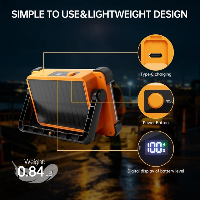 Alt view image 6 of 7 - 150W Solar Rechargeable Work Light, 180 LED 10000LM Portable Flood Light, IP65 Waterproof 3 Modes, with Stand, for Job Site Home Repair Camping Fishing Garage Workshop Emergency