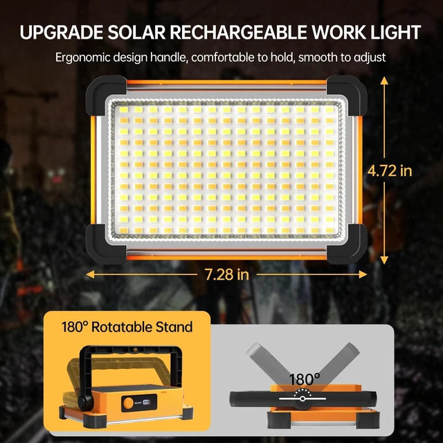 Alt view image 7 of 7 - 150W Solar Rechargeable Work Light, 180 LED 10000LM Portable Flood Light, IP65 Waterproof 3 Modes, with Stand, for Job Site Home Repair Camping Fishing Garage Workshop Emergency