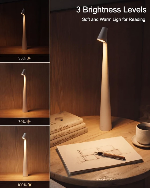 Alt view image 2 of 7 - Cordless LED Table Lamp, 4000mAh Rechargeable Portable Desk Lamp, 3-Level Brightness, Bedside Night Light, Ambient Reading Light for Restaurant, Bedroom, Outdoor Camping, Night Light, White