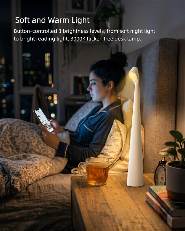 Alt view image 4 of 7 - Cordless LED Table Lamp, 4000mAh Rechargeable Portable Desk Lamp, 3-Level Brightness, Bedside Night Light, Ambient Reading Light for Restaurant, Bedroom, Outdoor Camping, Night Light, White