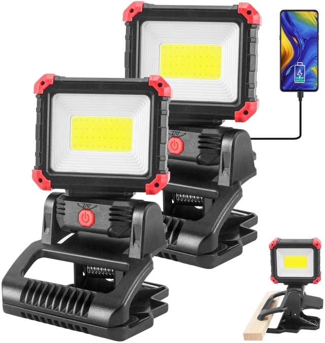 Main image of LED Rechargeable Work Light with Clamp, 2Pack 2100LM COB Magnetic Work Light with 3 Light Modes, 270° & 180° Rotation, Waterproof, Perfect for BBQ, Jobsite, Workshop, Car Repairing
