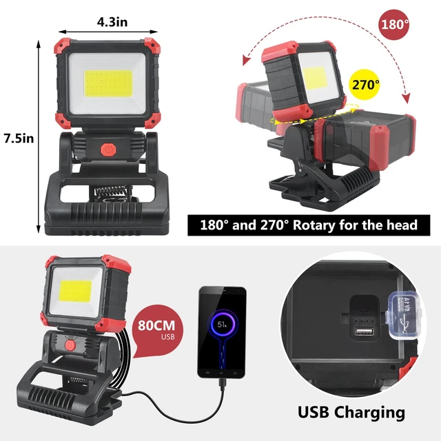 Alt view image 5 of 7 - LED Rechargeable Work Light with Clamp, 2Pack 2100LM COB Magnetic Work Light with 3 Light Modes, 270° & 180° Rotation, Waterproof, Perfect for BBQ, Jobsite, Workshop, Car Repairing