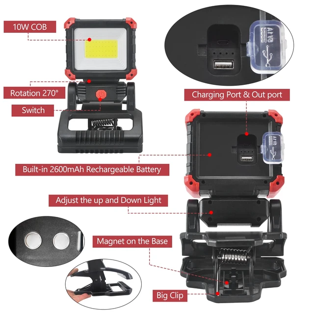 Alt view image 7 of 7 - LED Rechargeable Work Light with Clamp, 2Pack 2100LM COB Magnetic Work Light with 3 Light Modes, 270° & 180° Rotation, Waterproof, Perfect for BBQ, Jobsite, Workshop, Car Repairing