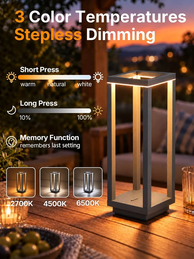 Alt view image 4 of 7 - 2Pack Cordless Table Lamp Rechargeable, 10" Portable Table Light | IP55 Waterproof, 60h Runtime, 3Color Stepless Dimming, Battery Powered Outdoor Table Lamps for Patio,Dinner,Restaurant,Cafe