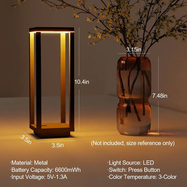 Alt view image 7 of 7 - 2Pack Cordless Table Lamp Rechargeable, 10" Portable Table Light | IP55 Waterproof, 60h Runtime, 3Color Stepless Dimming, Battery Powered Outdoor Table Lamps for Patio,Dinner,Restaurant,Cafe