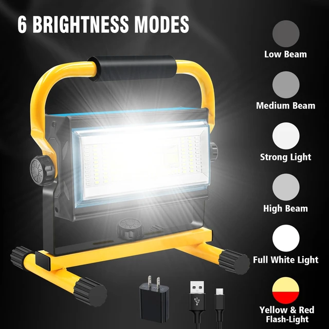 Alt view image 2 of 7 - 7000LM Rechargeable LED Work Light, 100W Portable Flood Light | 10800mAh 348H Runtime 6 Light Modes 360° Adjustable Stand For Job site, Garage, Workshop, Construction & Emergency