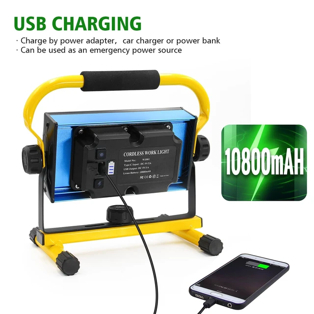 Alt view image 3 of 7 - 7000LM Rechargeable LED Work Light, 100W Portable Flood Light | 10800mAh 348H Runtime 6 Light Modes 360° Adjustable Stand For Job site, Garage, Workshop, Construction & Emergency