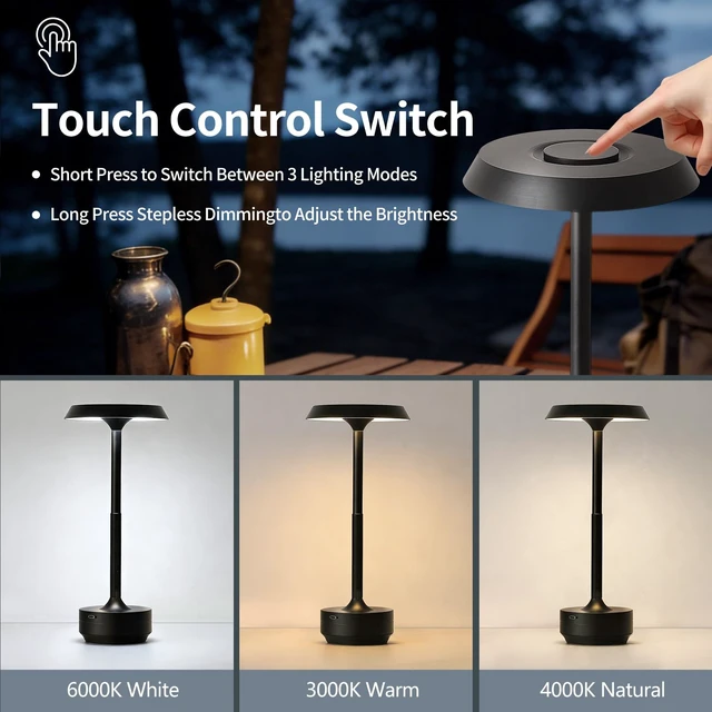 Alt view image 2 of 7 - 1 Pack Rechargeable Cordless Table Lamp, 5000mAh Battery LED Table Light | 3 Color Temperature Stepless Dimming Touch Control, Portable Wireless Black Lamp for Restaurant, Bedroom, Camping, Nightlight