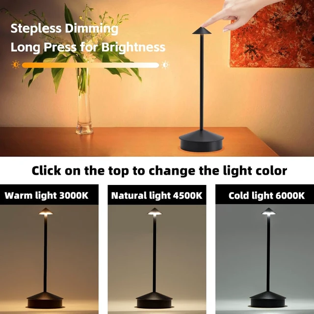 Alt view image 5 of 7 - 2 Pack Aluminum Cordless Table Lamp, 6000mAh Rechargeable Table Lamps, Portable Touch LED Lamp, Outdoor Waterproof Dimmable Cordless Rechargeable Table Lamps for Restaurant/Patio (Black)