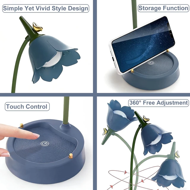 Alt view image 5 of 7 - LED Desk Lamp Cordless Table Light Adjustable Gooseneck Dimmable Touch Rechargeable Battery Eye-Caring Night Light for Kids, Mini Cute Lamp for College Dorm Bedroom Reading (Blue)