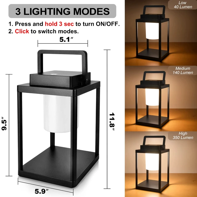 Alt view image 3 of 6 - Outdoor Table Lamp, Cordless Rechargeable LED Lanterns for Patio | Aluminum, 4400mAh 50H Long Battery Life, Battery Operated, Waterproof, Portable LED Desk Light, Heavy Duty, 3000K