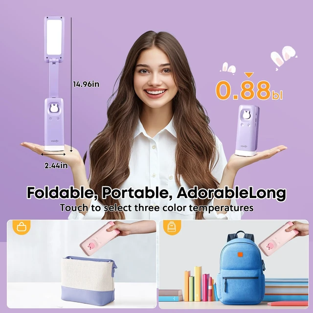 Alt view image 3 of 7 - Cute Bunny Desk Lamp, 6000mAh Rechargeable Foldable LED, Purple | 3 Color Modes & Stepless Dimming, Eye-Caring Flicker-Free Light with Phone Holder & Night Light for Kids Bedroom Study Dorm